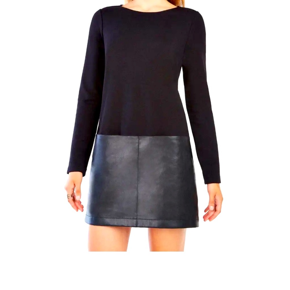 BCBGMAXAZRIA stretch ponte with long sleeves and a leather trim dress.